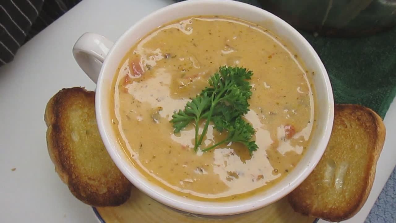 Lobster bisque made with langostino lobster tails