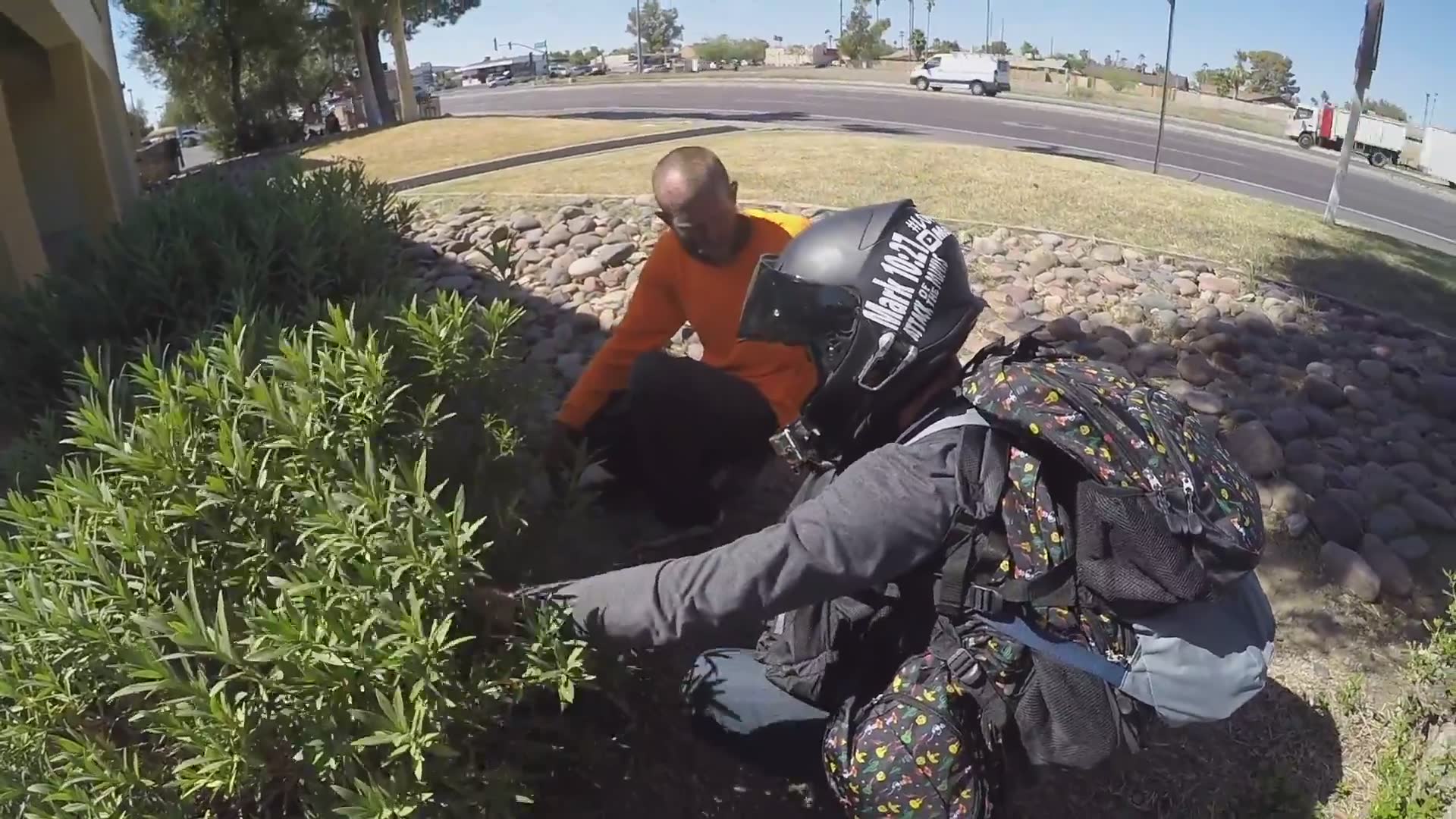 Giving backpacks to homeless people