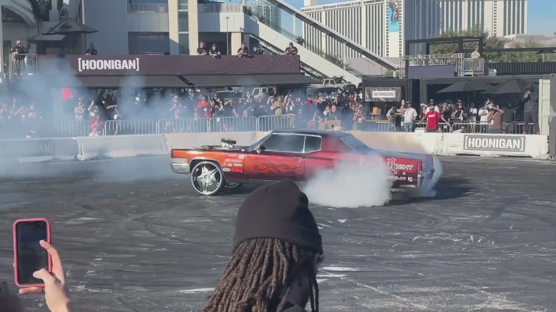 Aussie Burnout Car Setting fire alarms Off At SEMA With Luxifer Kyle