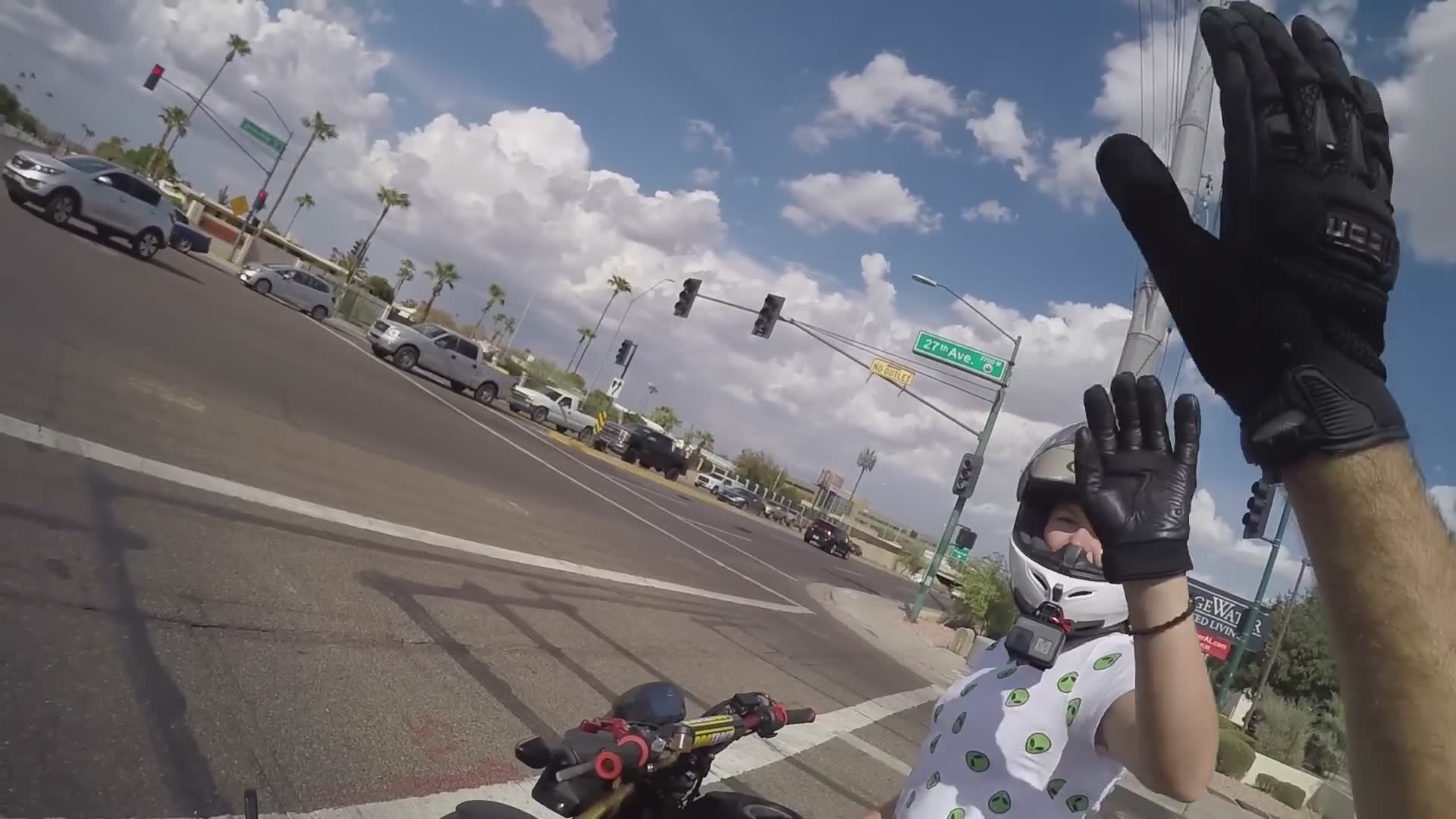 Handing out drinks on our motorcycles