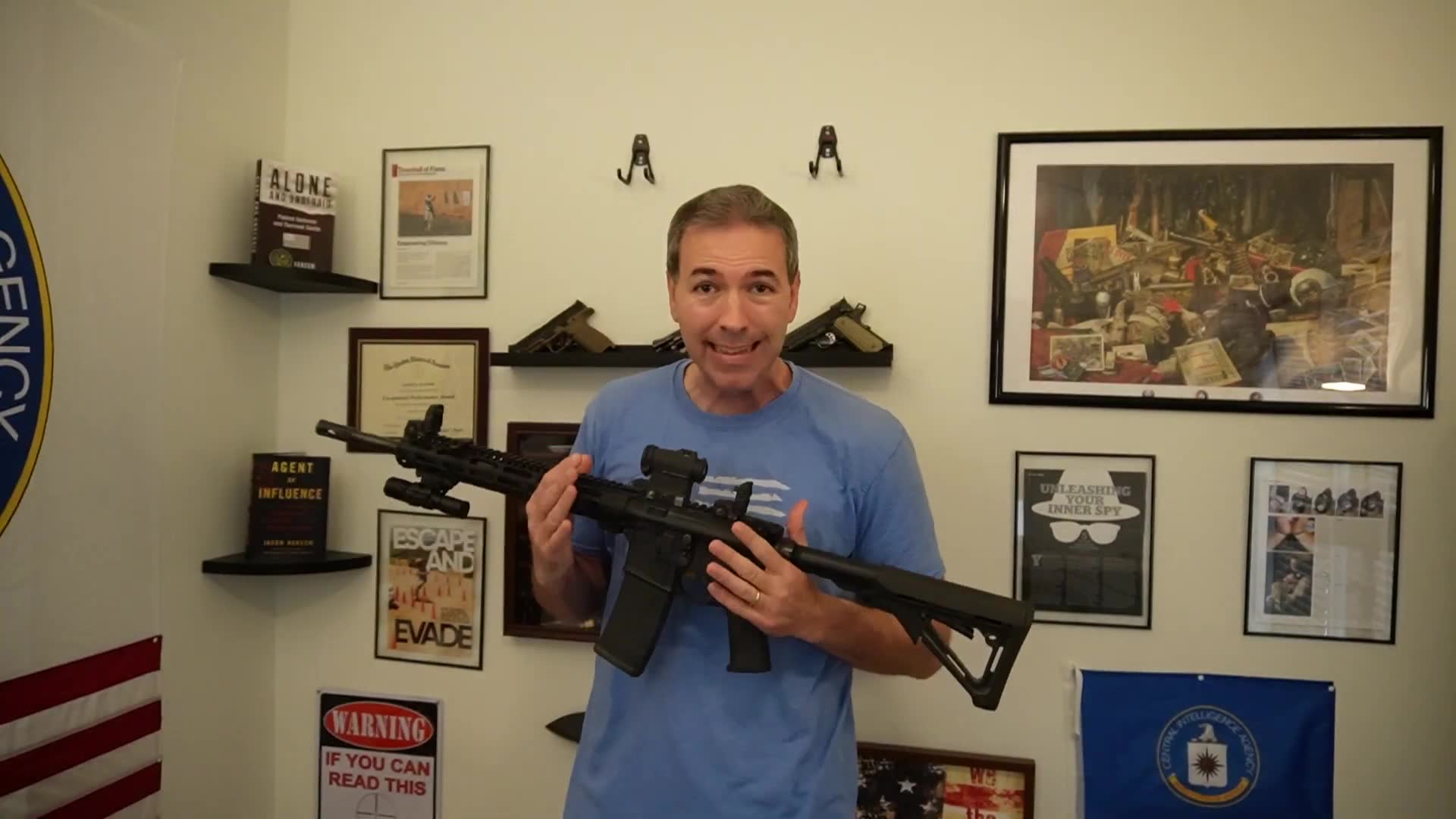 Ex-CIA officer's collection walkthrough explaining purpose and history of various displayed firearms