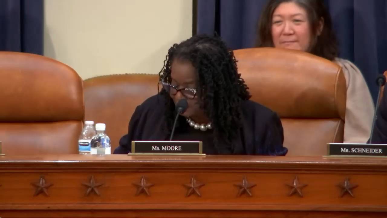 House ways and means - Rep. Gwen Moore (D-WI) and former Rep. Brady go back and forth on tariffs and international taxes