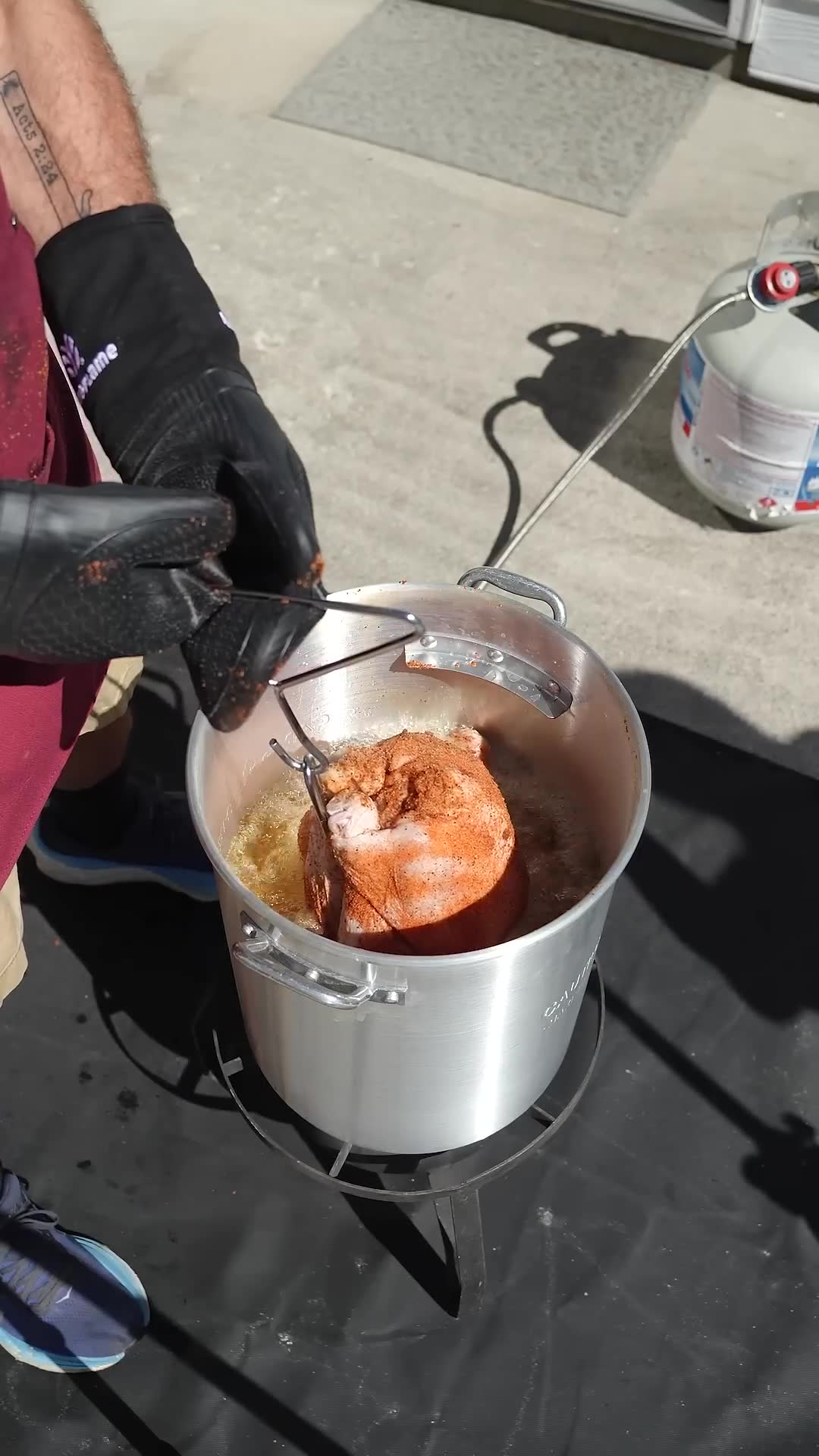First time deep frying an entire turkey in hot oil for Thanksgiving