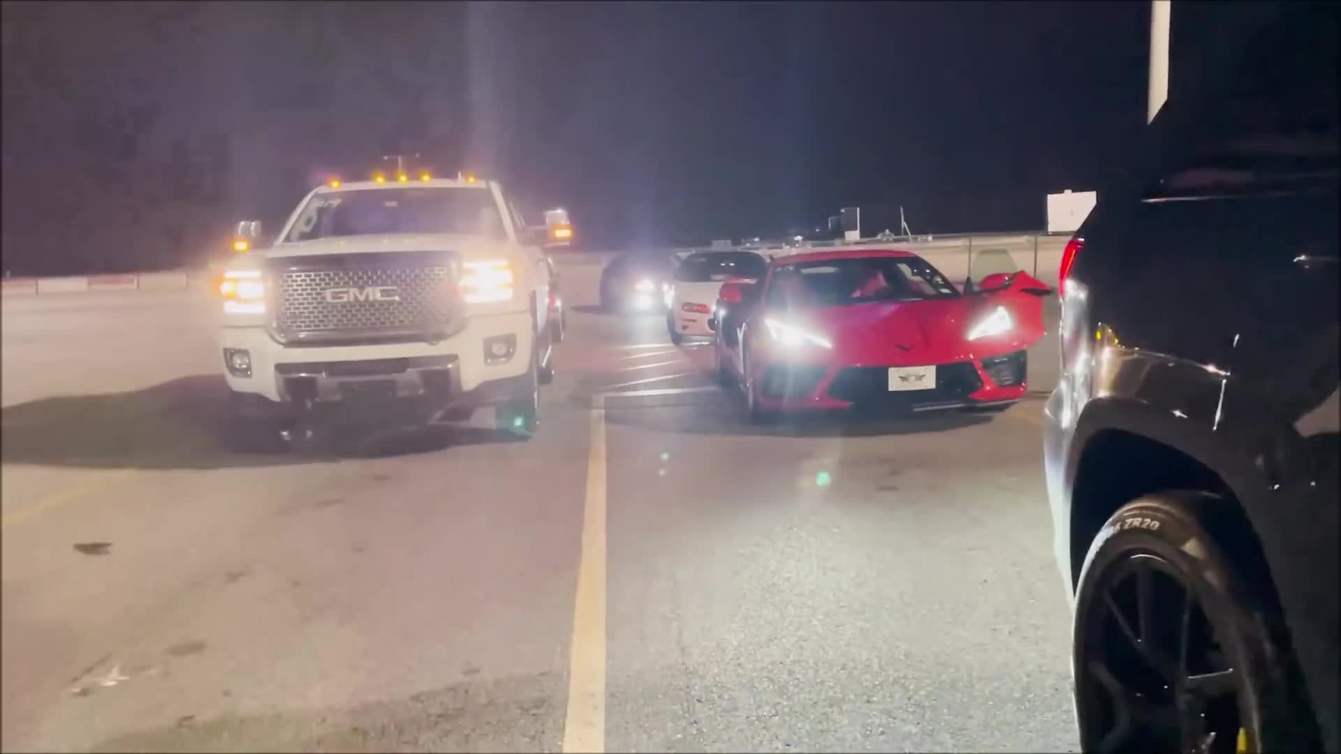 Drag race between a C8 Corvette and a Duramax diesel and a twin turbo Bentley GT