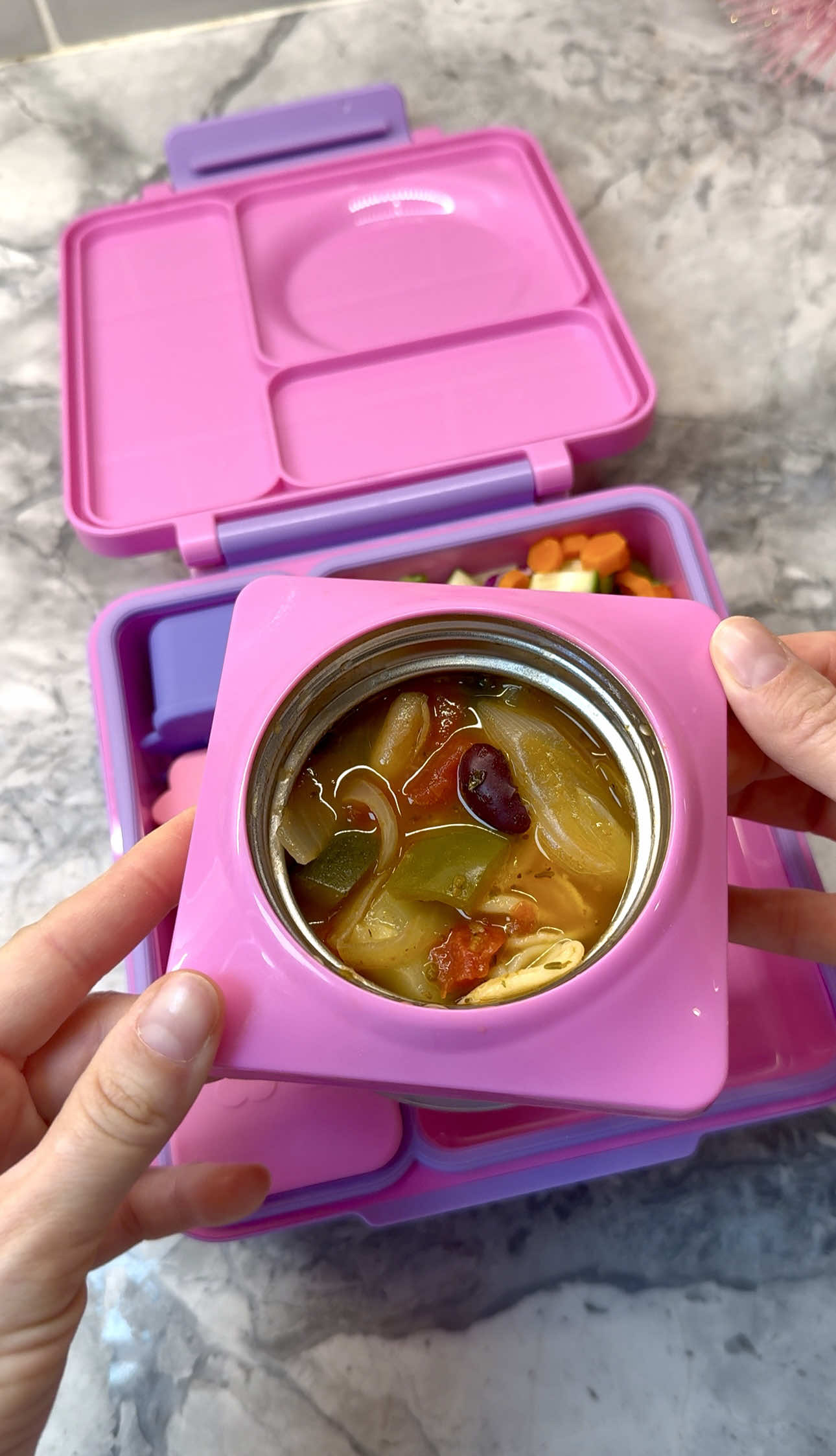 Warm lunch featuring cheesy pasta in thermos with fresh garden salad