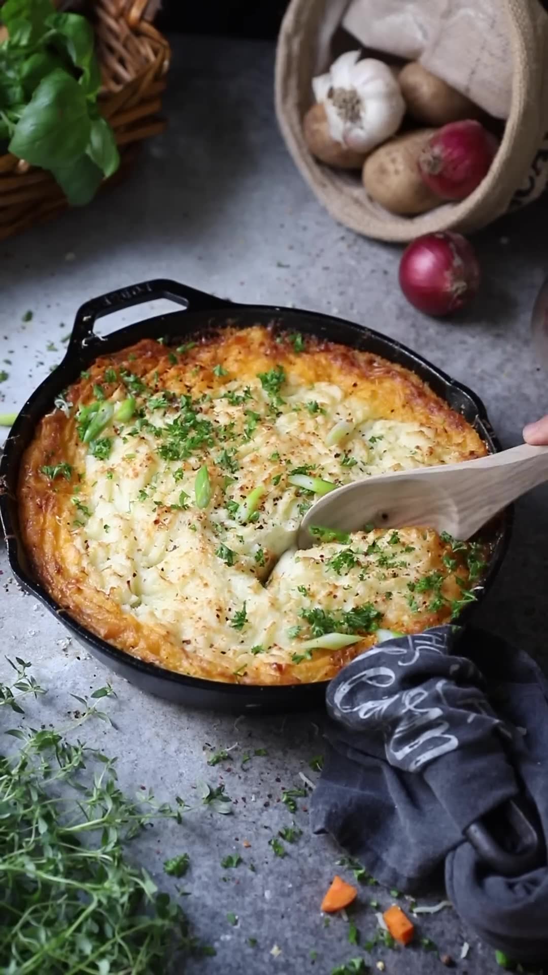 Topped flatbread paired with meat and potato casserole