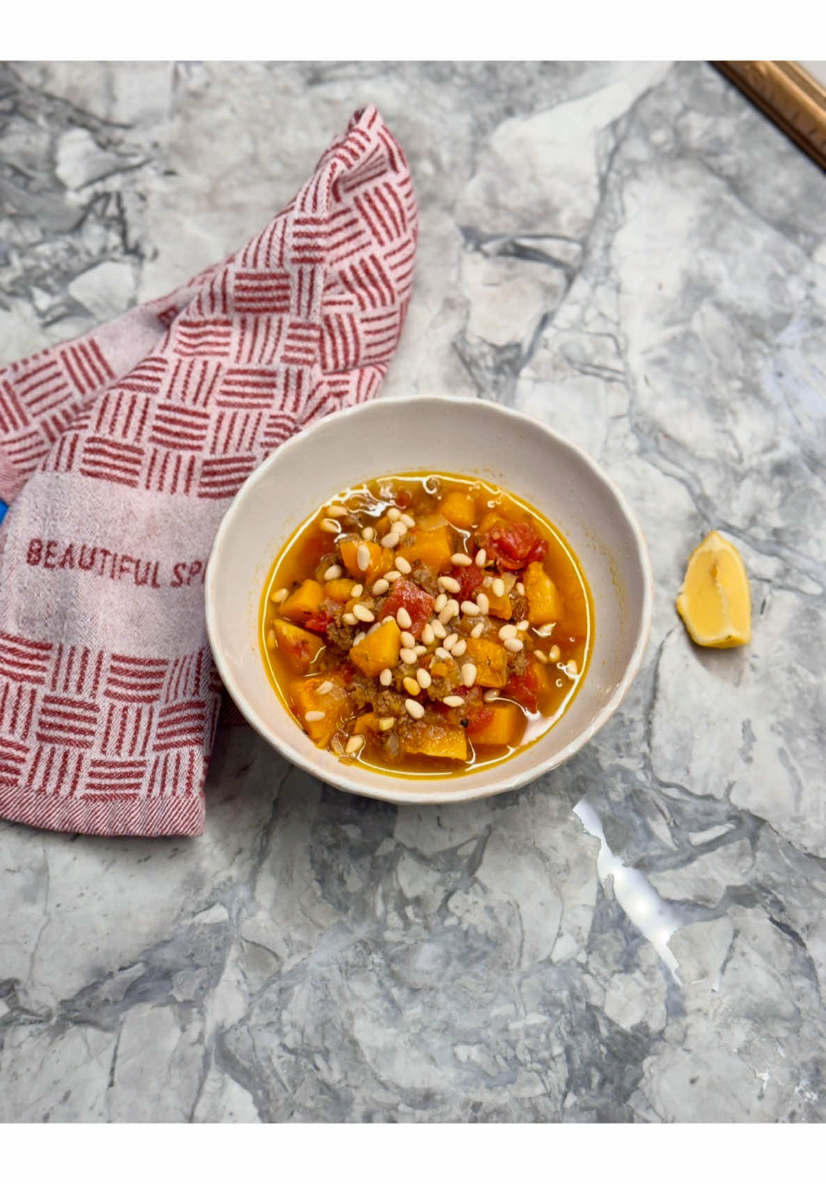 Warming comfort meal beef and butternut stew after winter activities