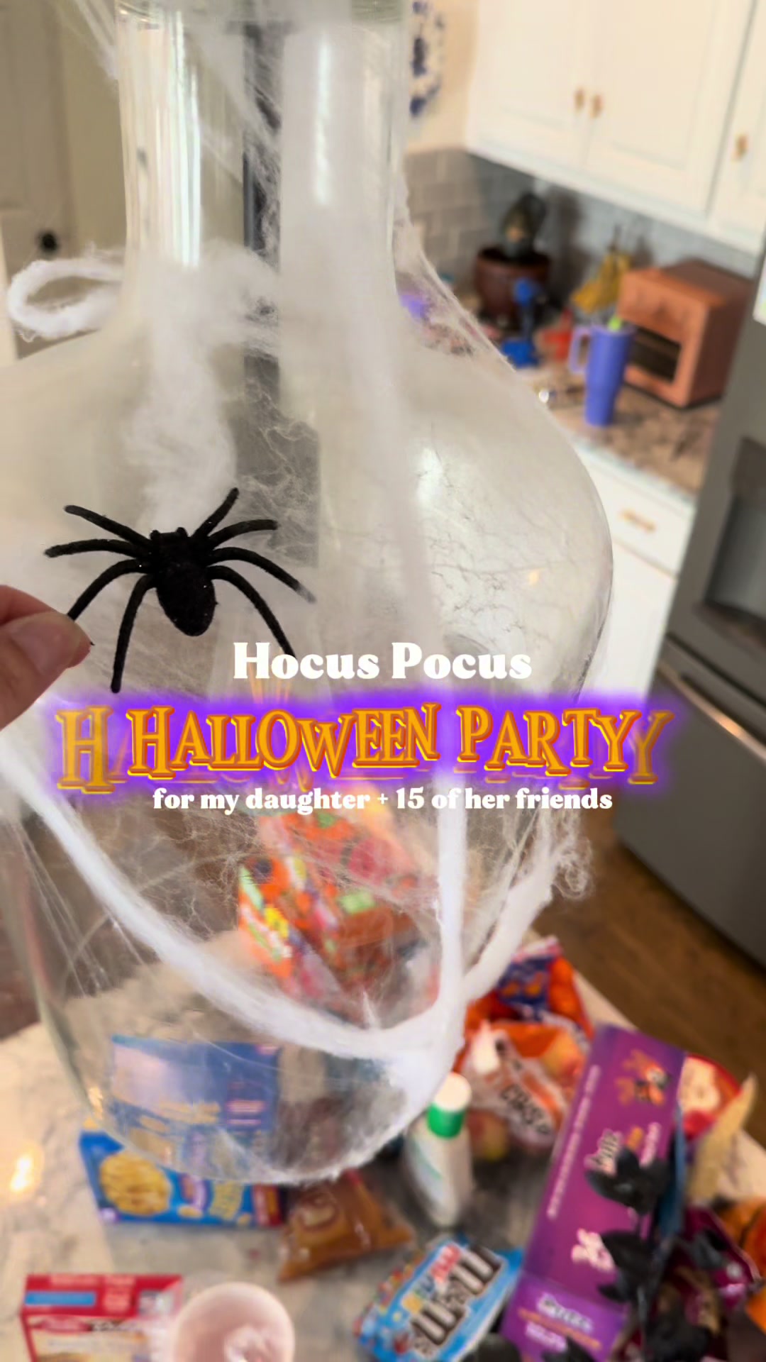 Party setup vlog showcasing pumpkin-shaped pizzas and themed decorations