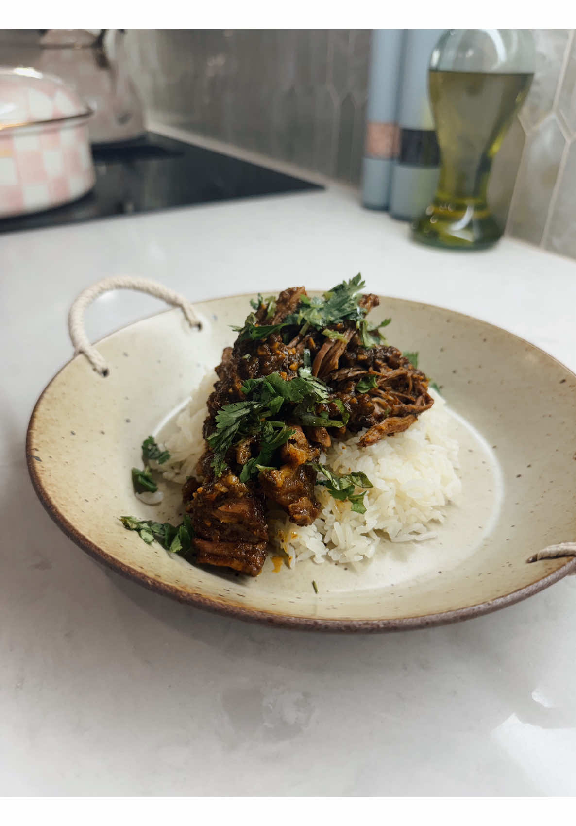 Rich shredded meat stew with rice and cilantro after morning diner making