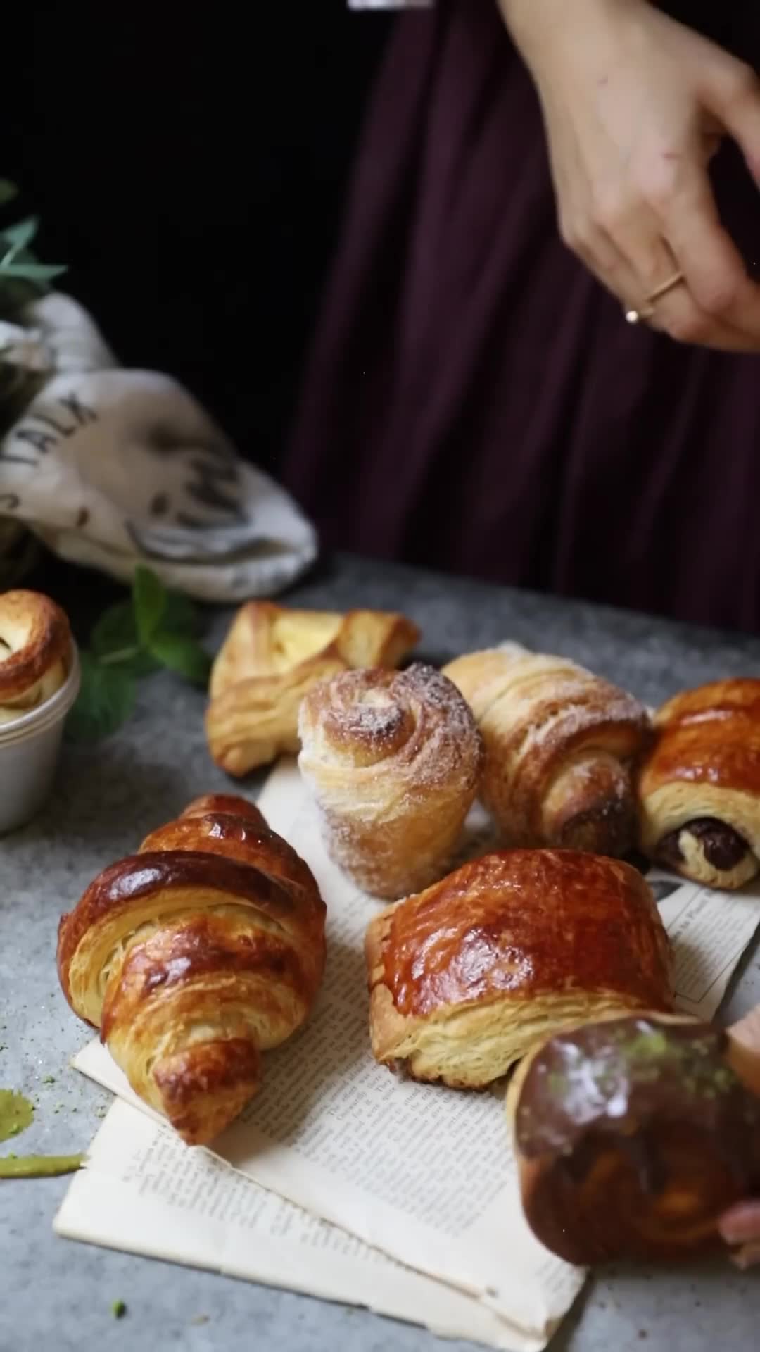 Festive brunch spread with eggs Benedict and fresh croissants