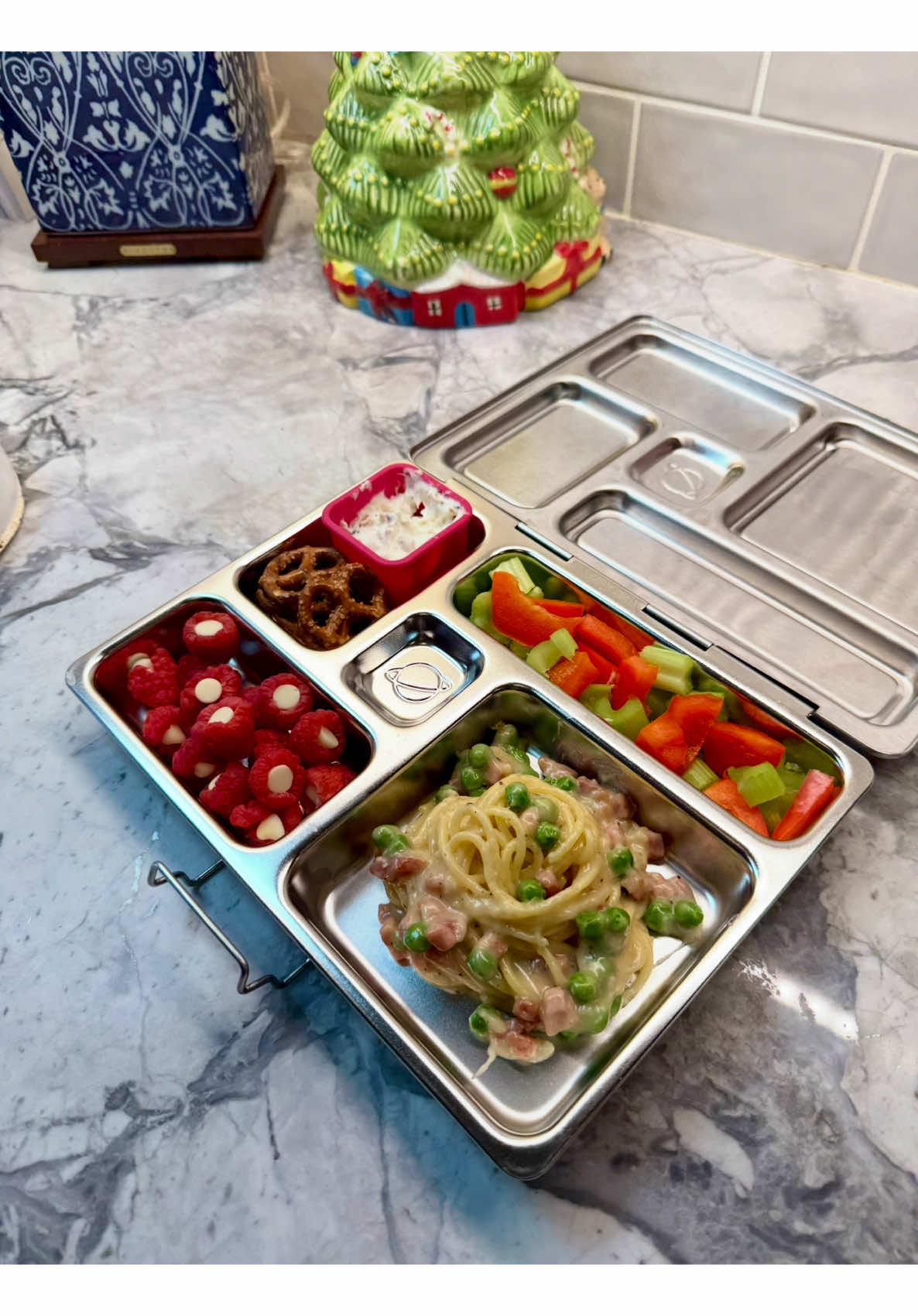 Warm noodles with sauce in thermos container