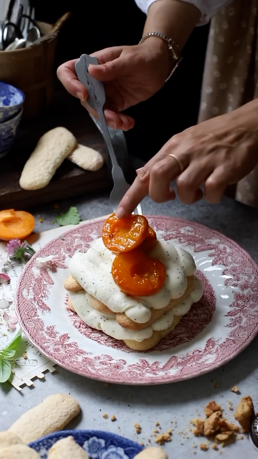 Caramelized stone fruit served with cream