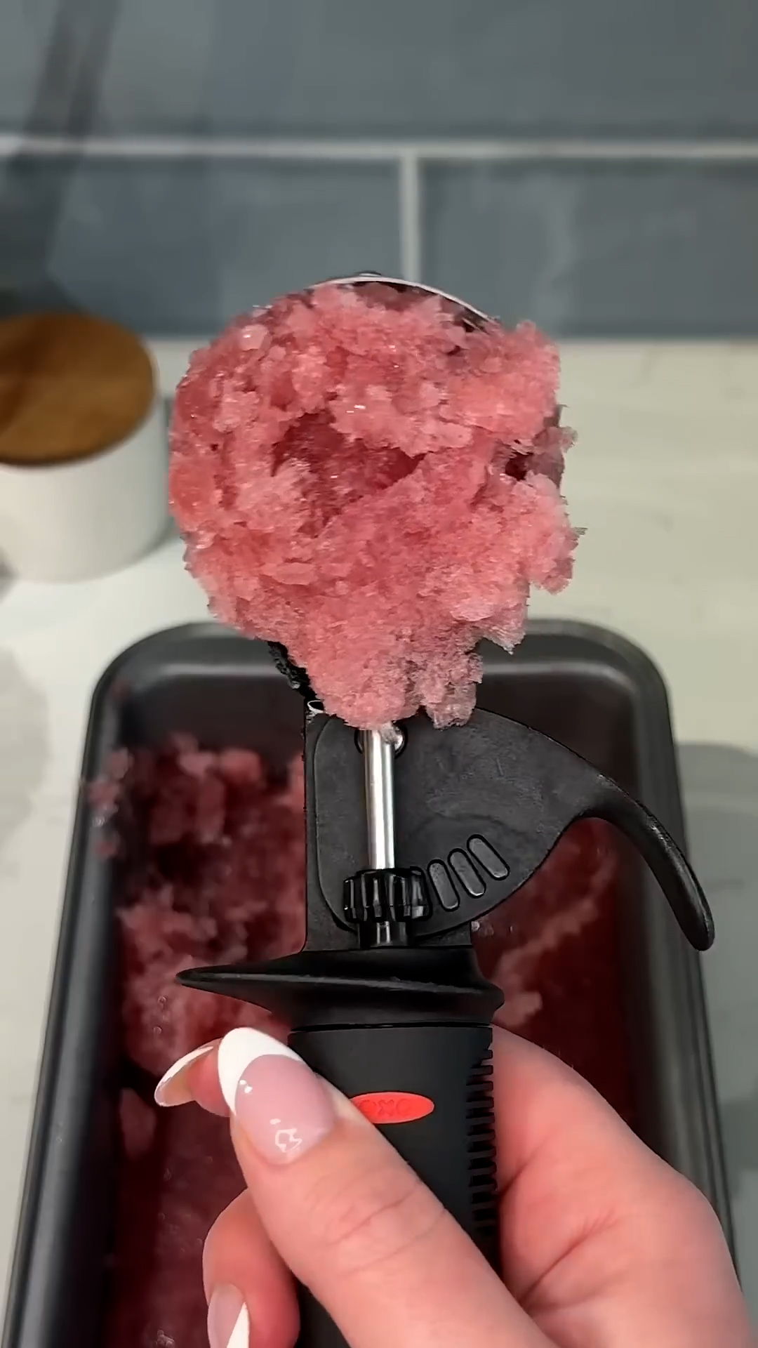 Frozen fruit dessert enhanced with alcohol for adult treat