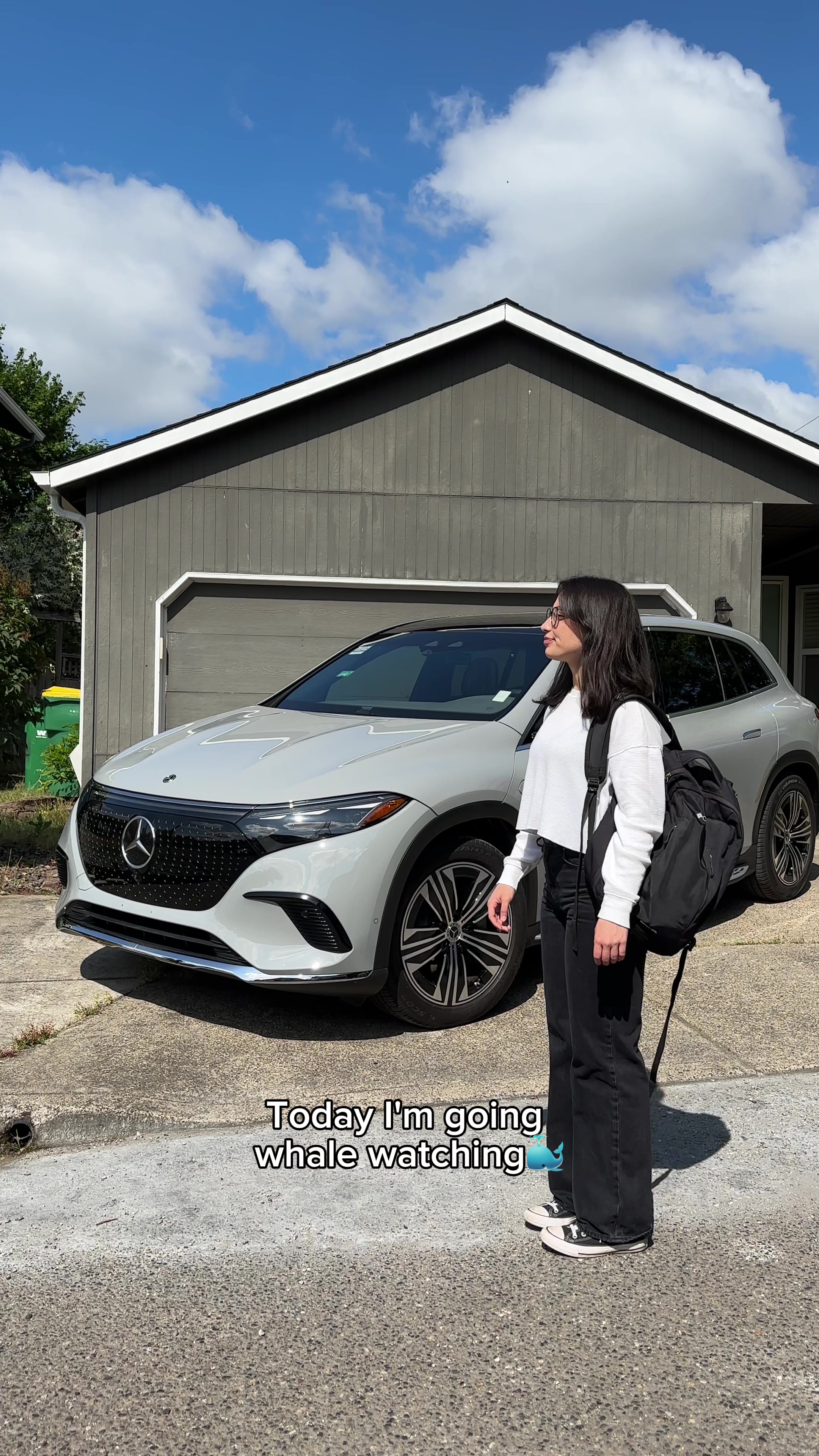 Test driving a Mercedes electric vehicle during a whale watching trip