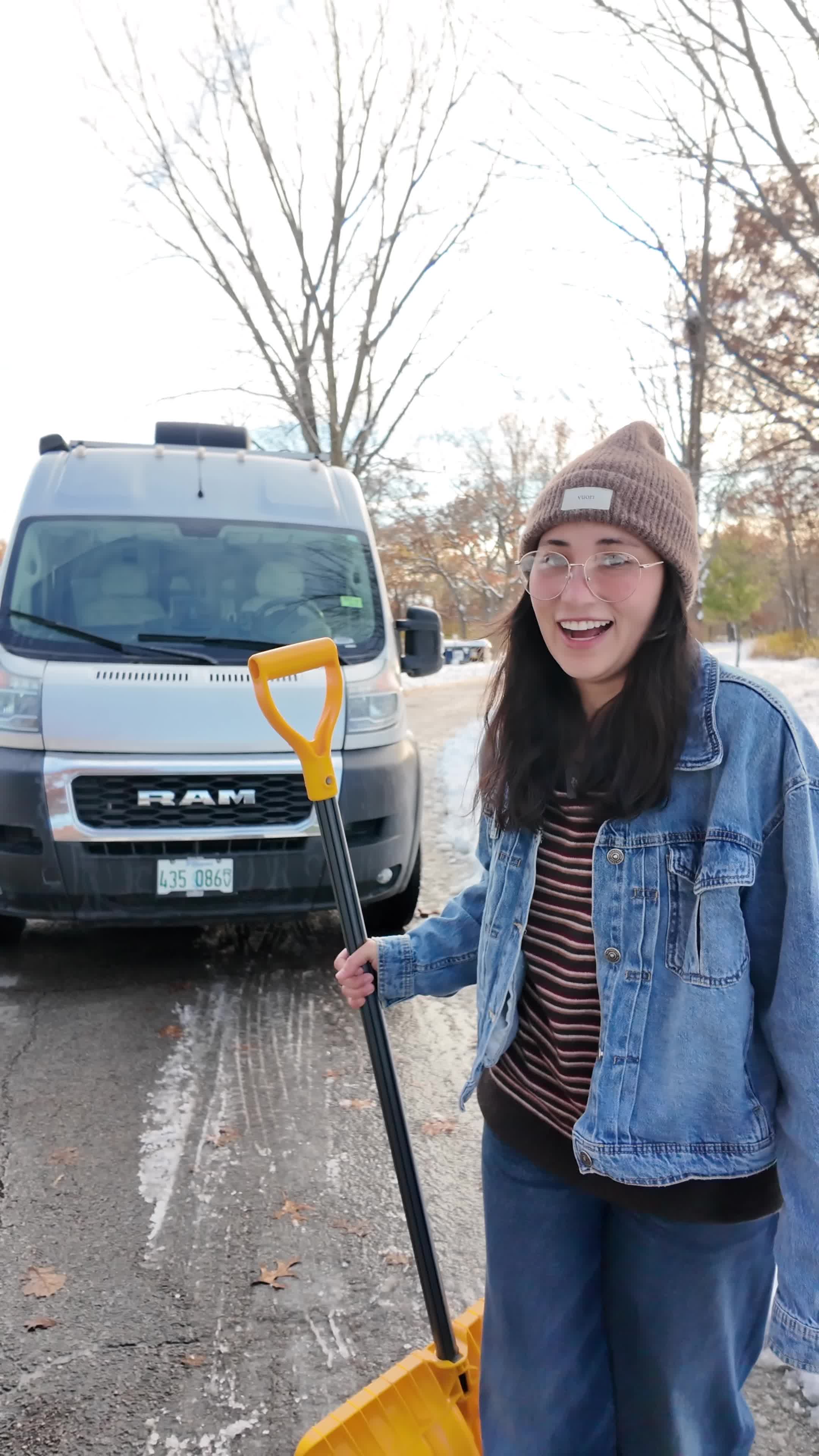 Clearing snow at the campsite to make room for the van