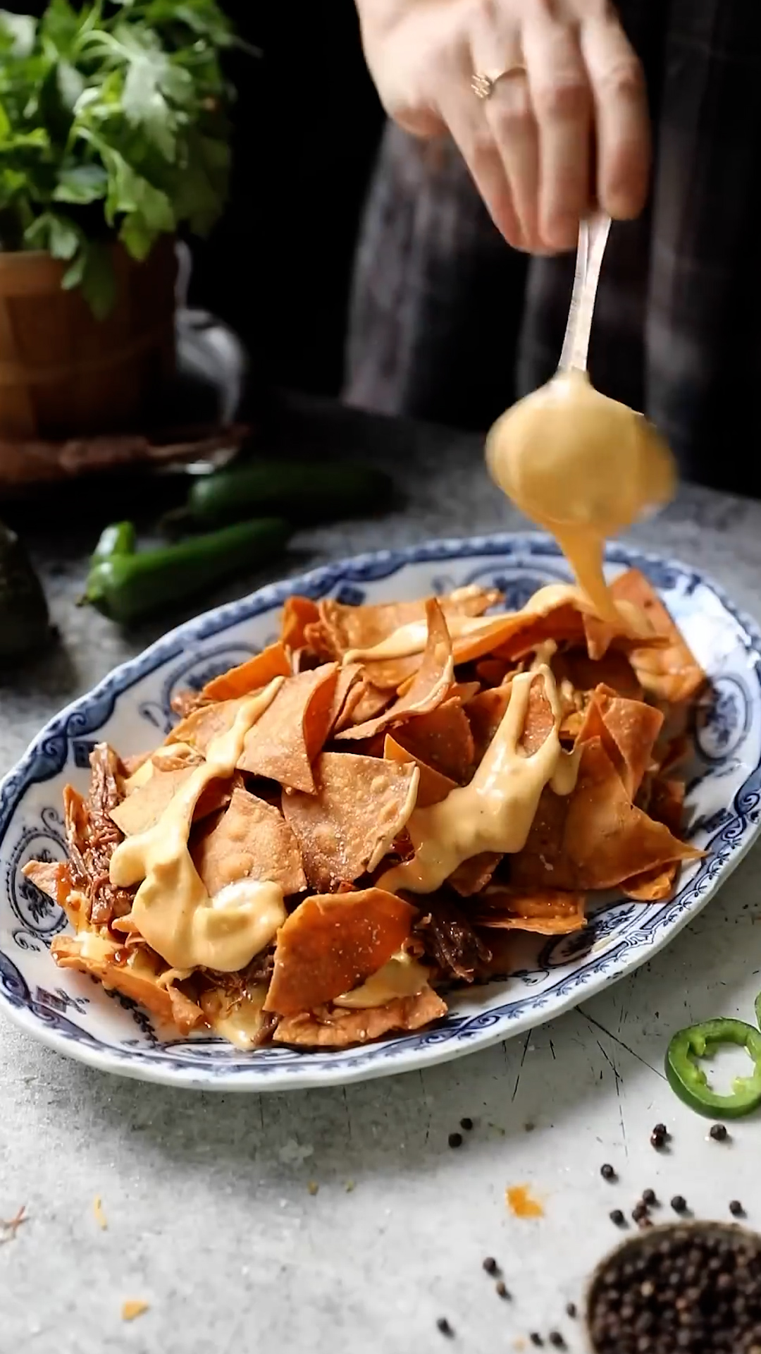 Crispy tortilla chips covered in braised meat and cheese
