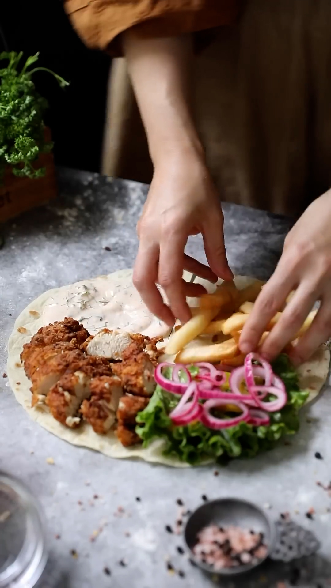Crispy chicken strips wrapped in soft tortilla