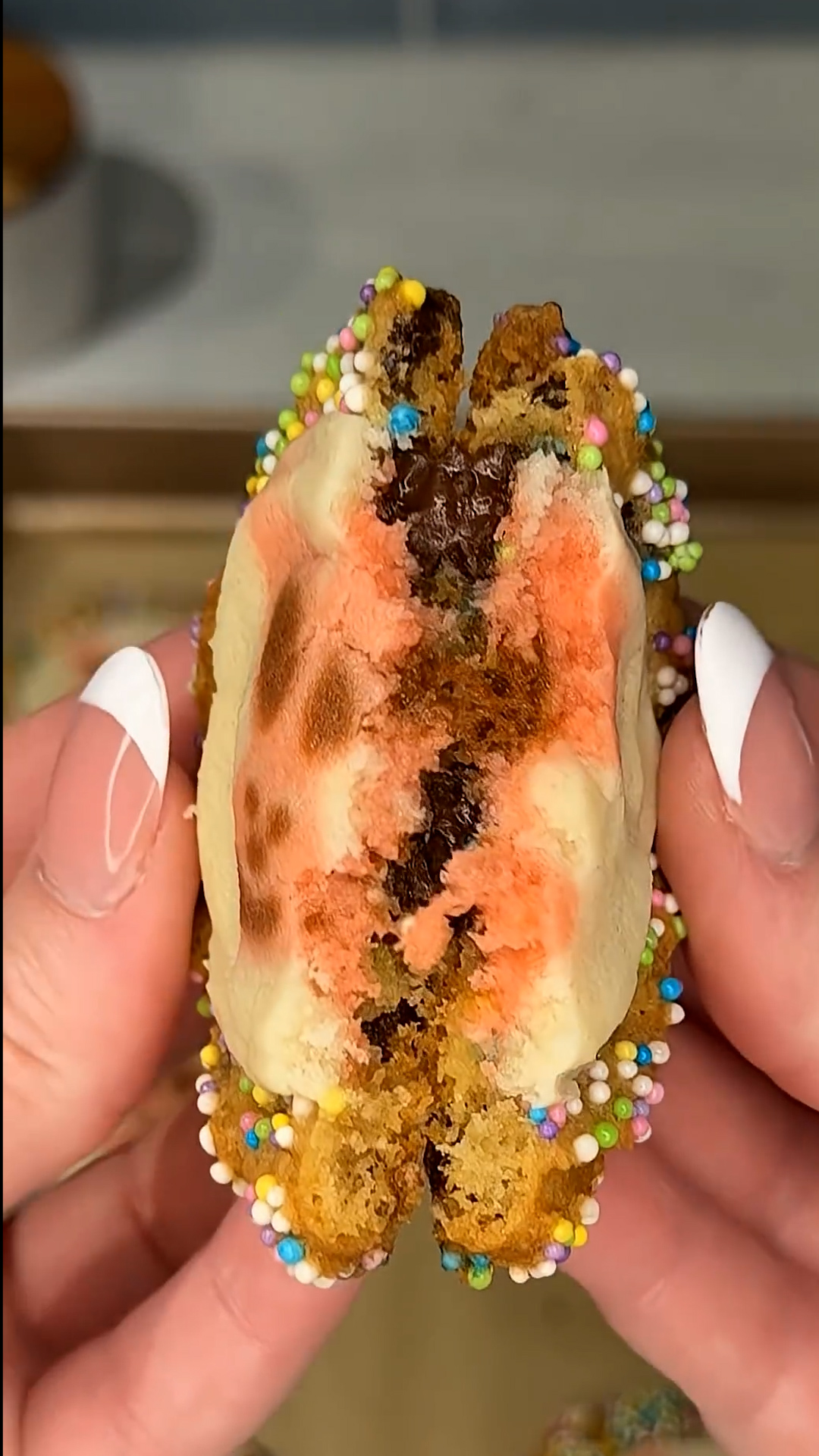 Spring-themed sandwich cookies filled with pastel cream
