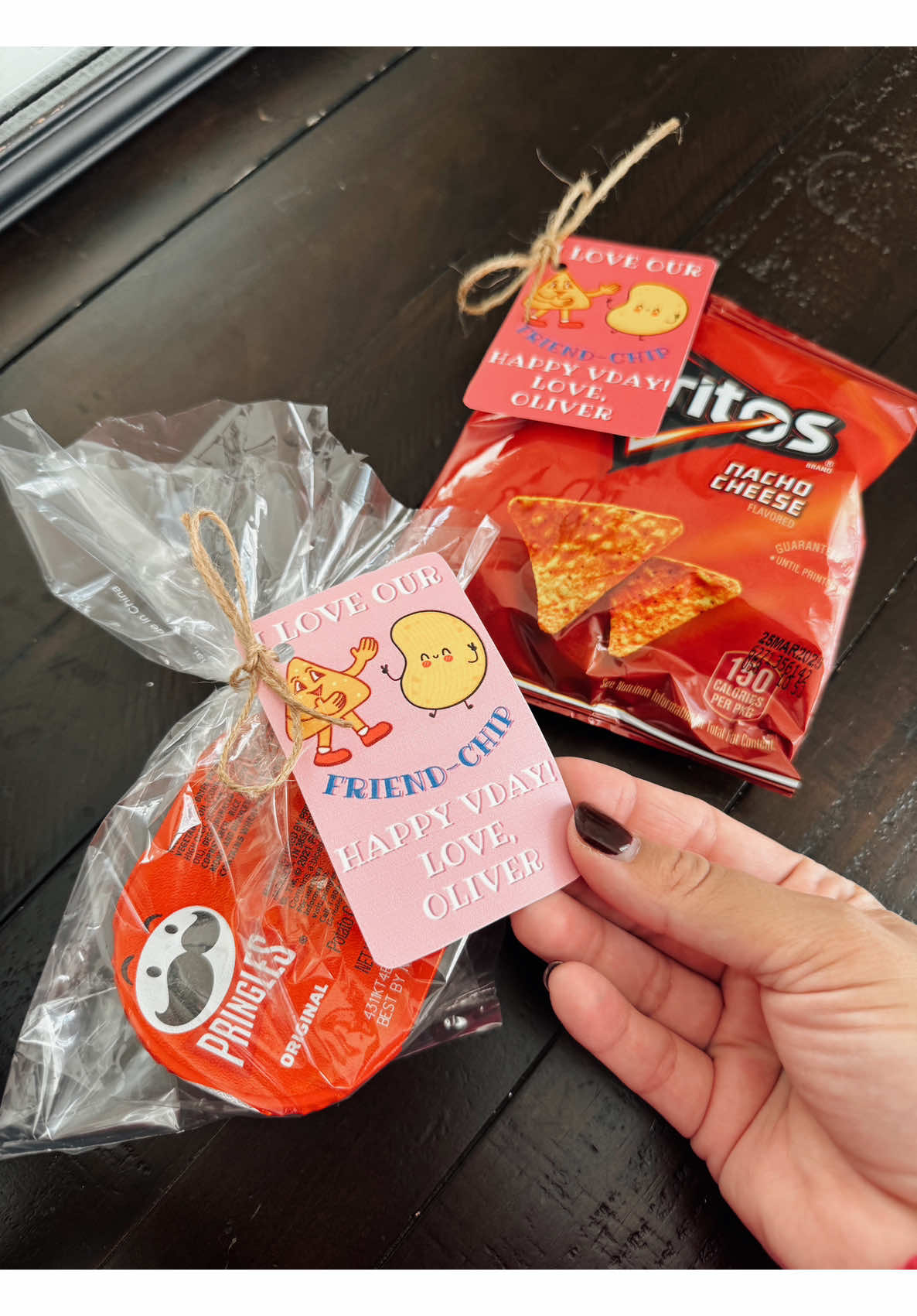 Oliver's handmade Valentine chip gifts with Pringles, Doritos, and custom name tags