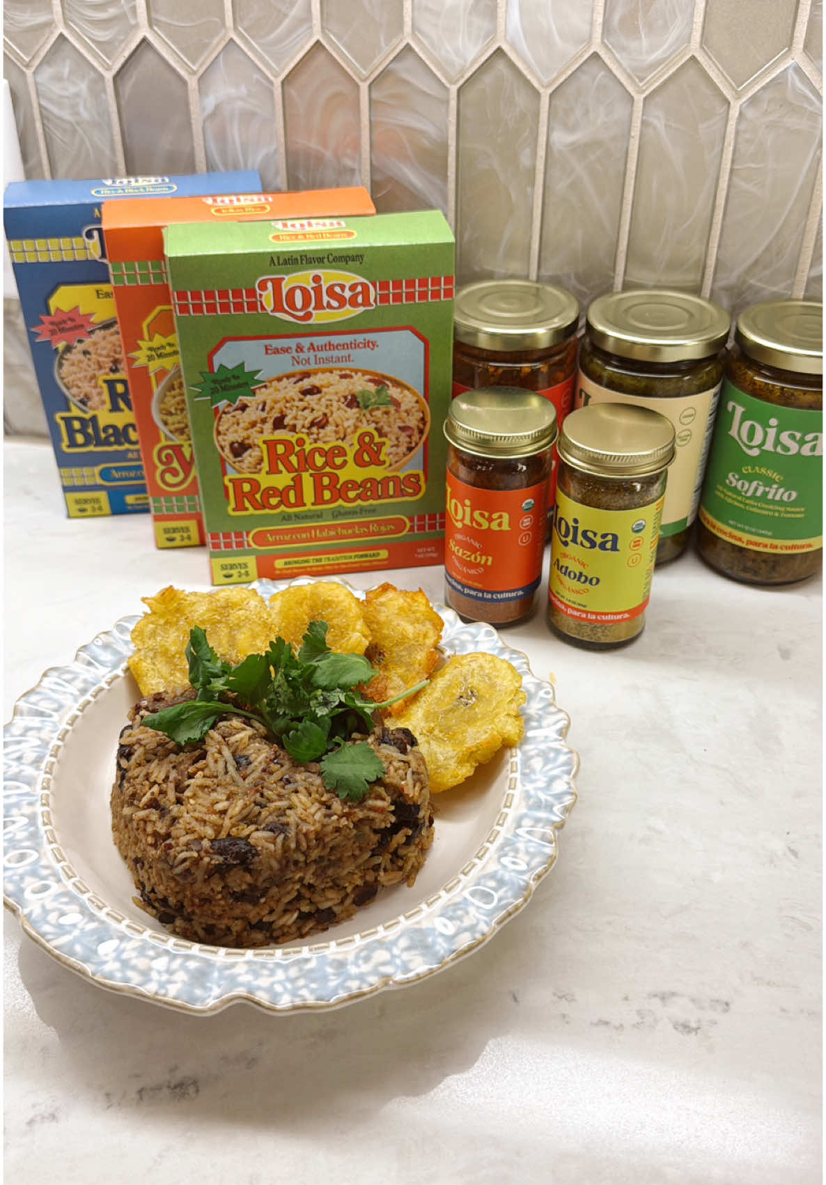 Making flavorful Loisa rice and beans with sweet fried plantains and bright cilantro