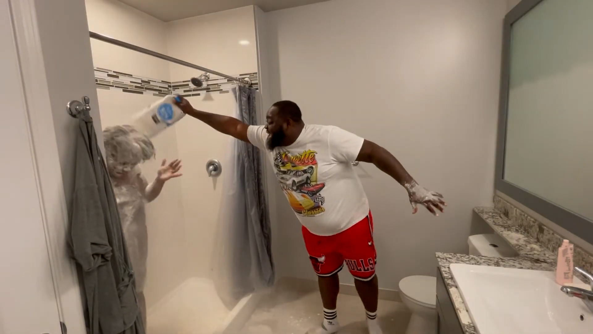 Dumping a whole cloud of flour on my wife to catch her stunned reaction