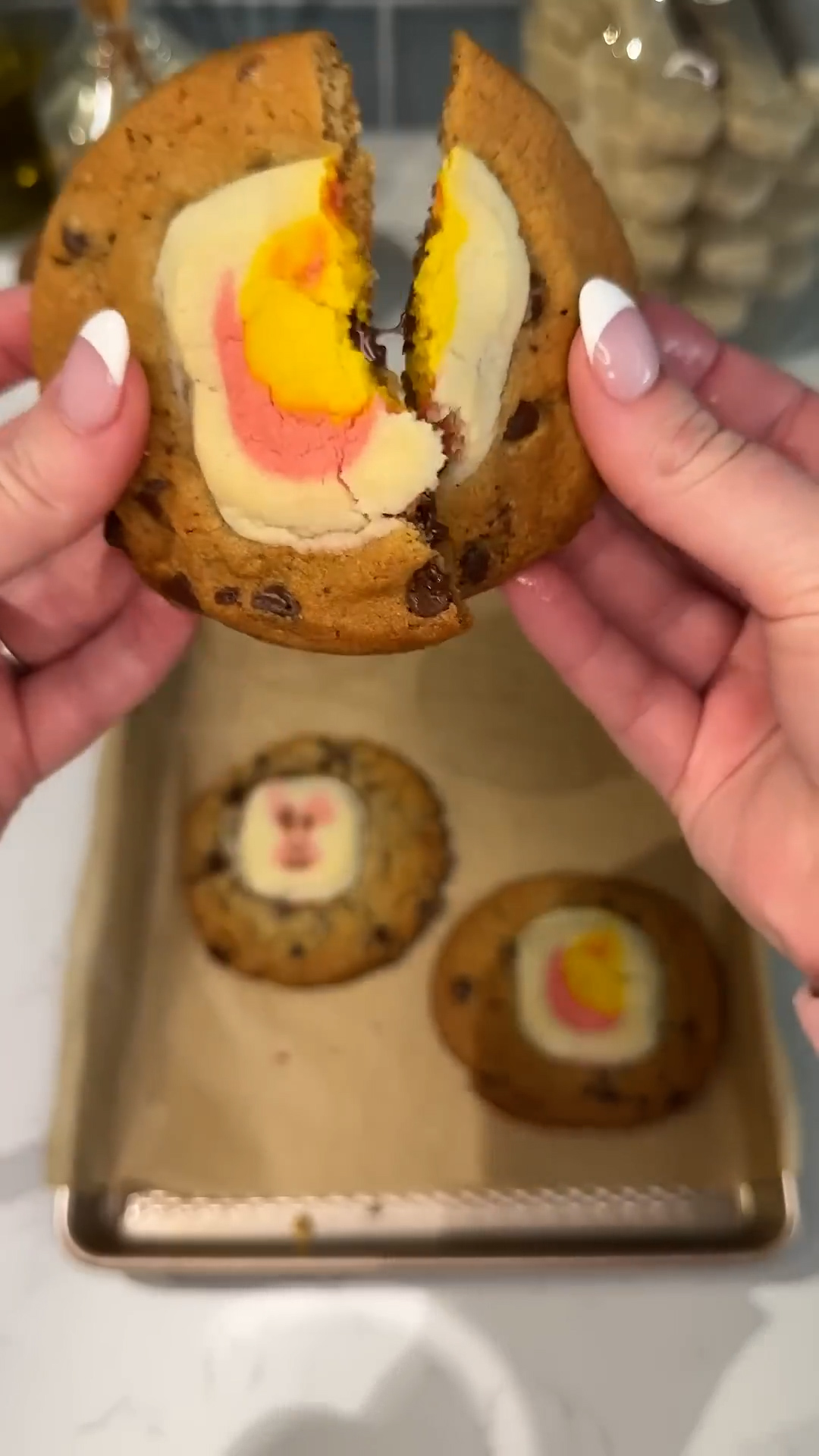Two layers of soft store dough stack into oversized bakery cookies