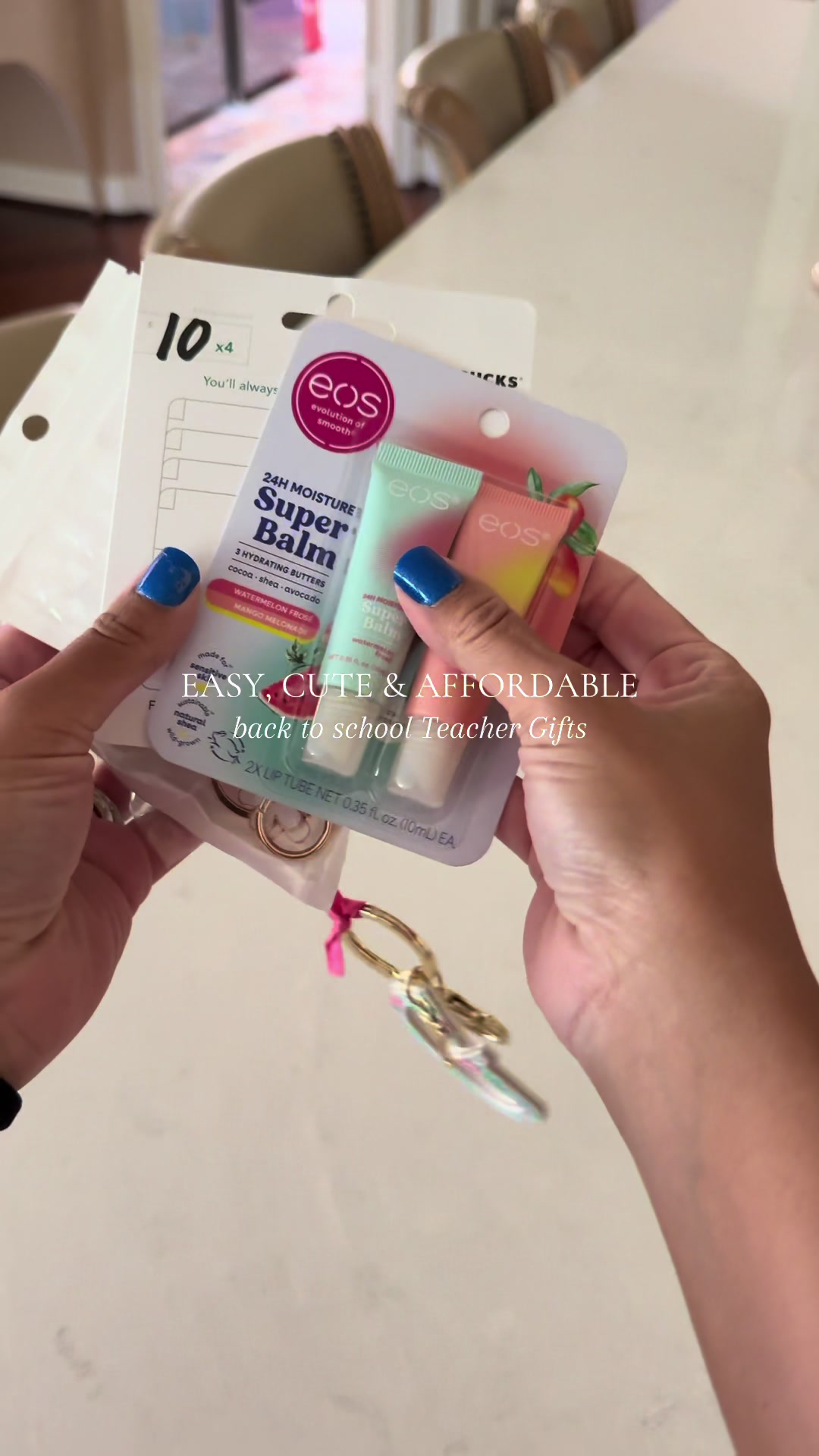 Cute teacher gift ideas for back to school with eos super balm and little keychains