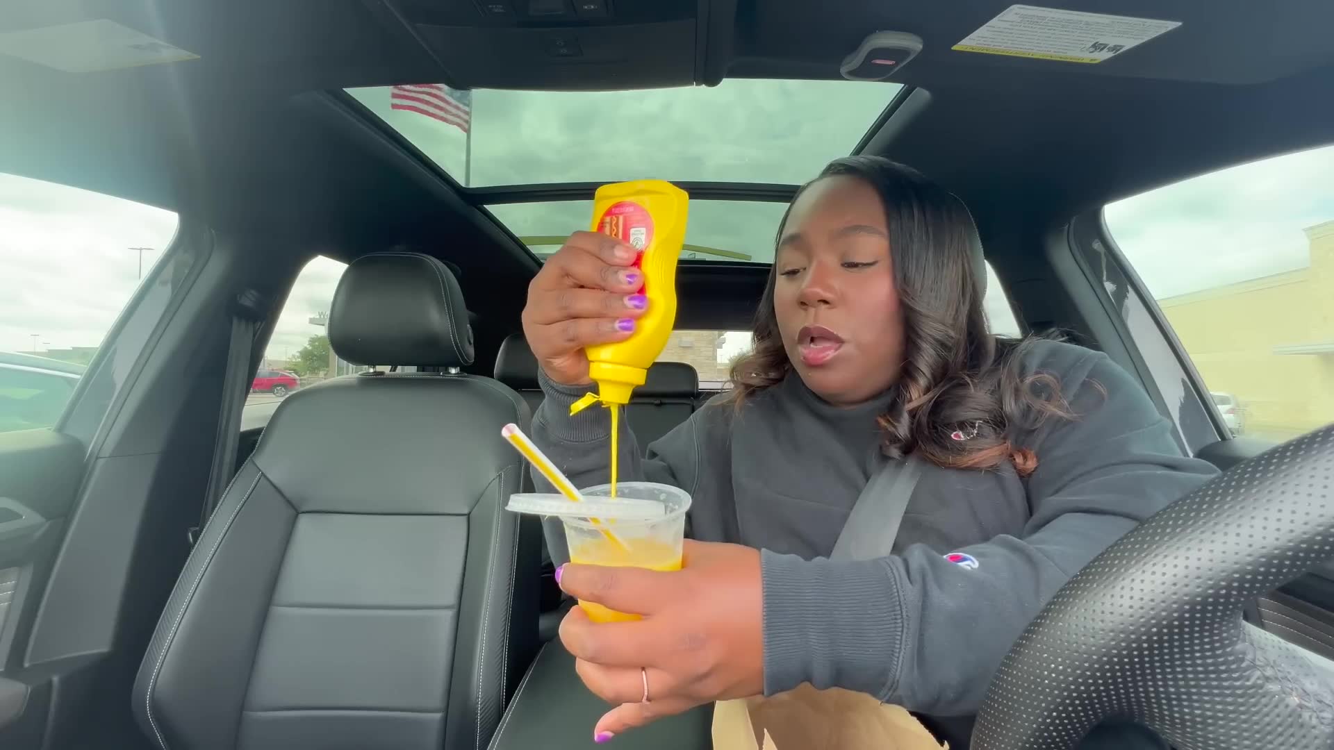 Husband's reaction after sipping the mustard I hid in his orange juice