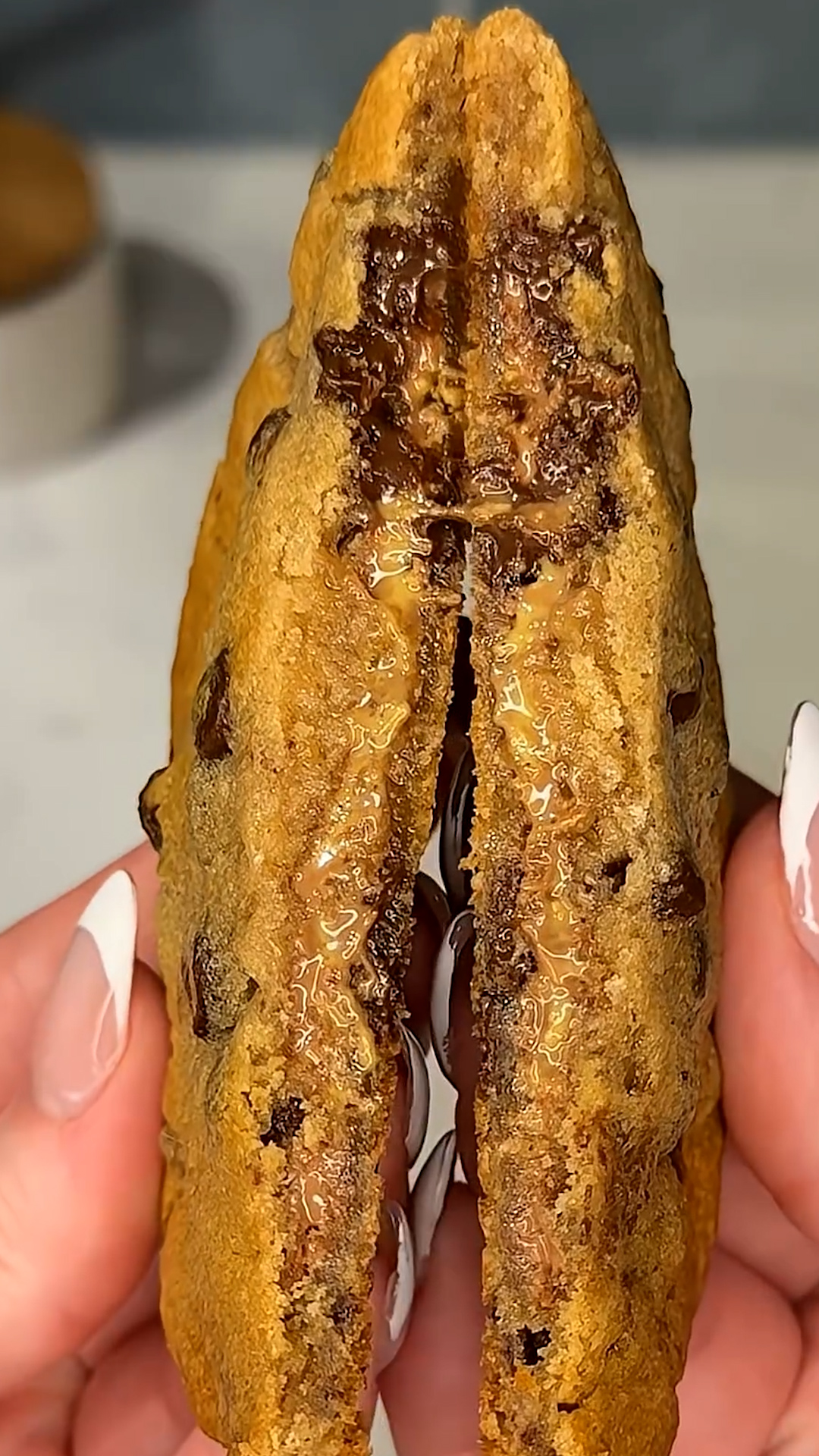Chocolate chip cookies stuffed with viral pistachio Dubai chocolate