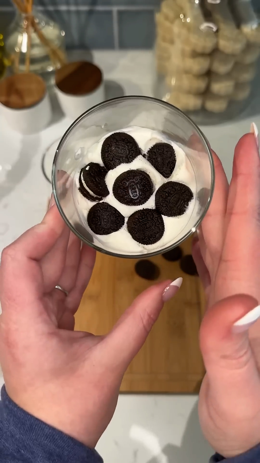 One mug holds a no-bake icebox cake of softened Oreos and cream