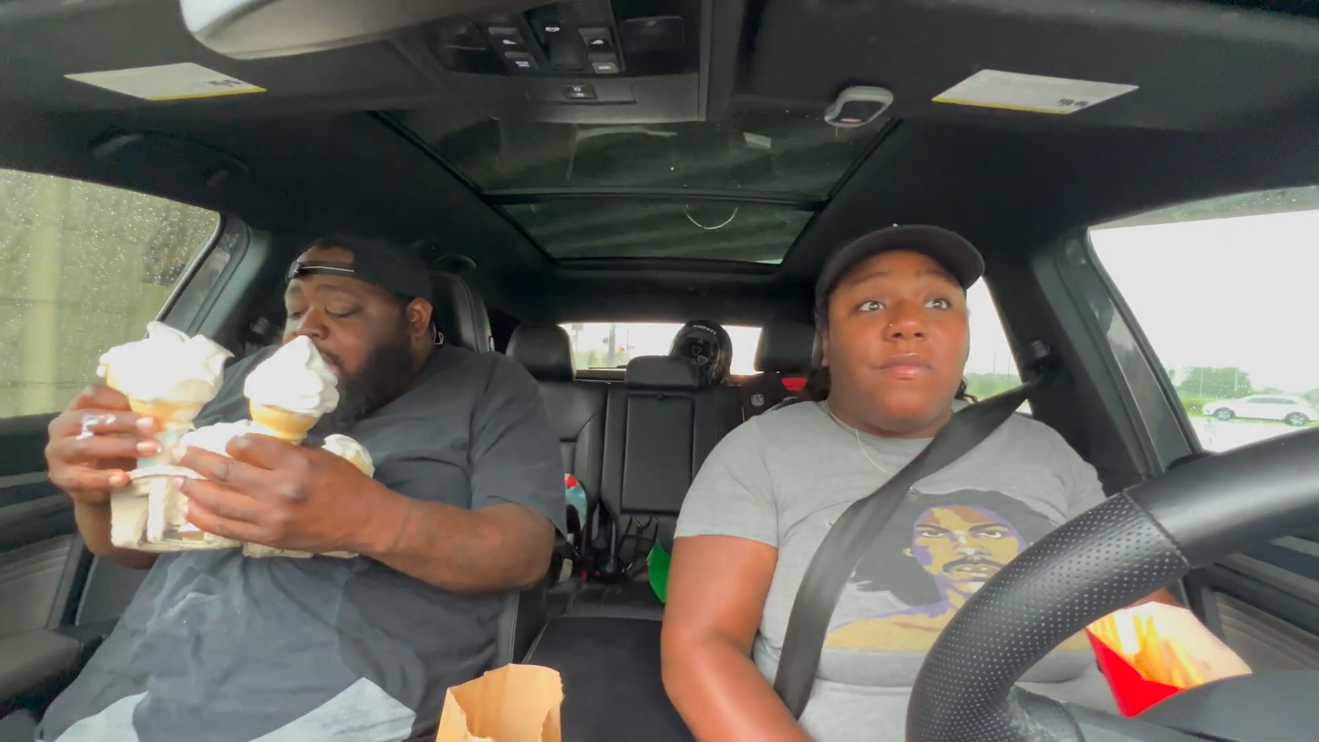 Husband's stunned reaction when he balanced ten ice cream cones while I drove wild