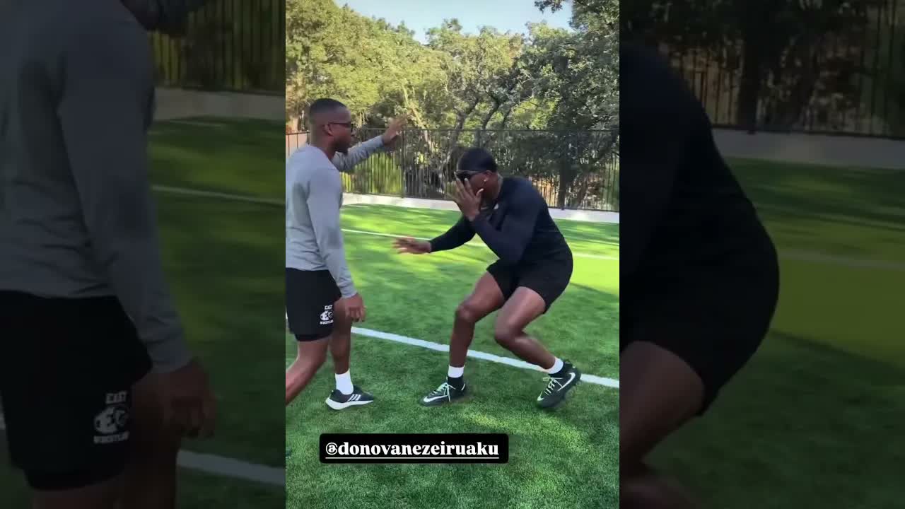 Cowboys Donovan Ezeiruaku working with Lance Deane on his pass rush moves.